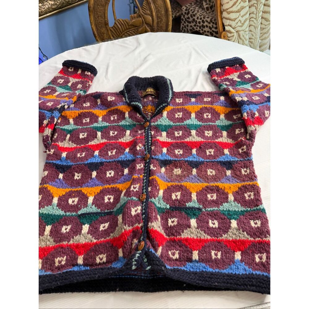 Artesanias Ishka Colorful Geometric Wool Heavy Knit Ecuador Sweater Jacket Sz XL - Picture 6 of 11